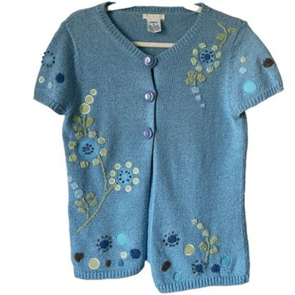 T8 Carson Floral Embroidered Ramie Cotton Short Sleeve‎ Cardigan Cottagecore M
